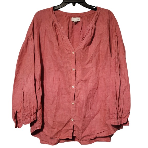 Velvet by Graham & Spencer Avis XL Button Up Pink Linen Blouse 3/4 Sleeve - Picture 1 of 4